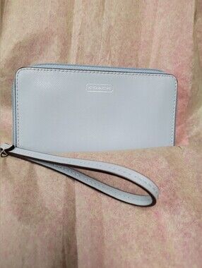 Coach Pale Blue Leather Zip Wristlet with Strap